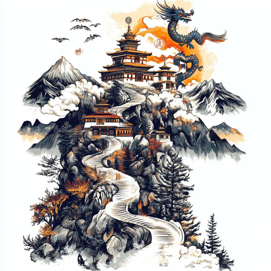 Bhutan Lucky Symbols T-shirt Design with Dragon