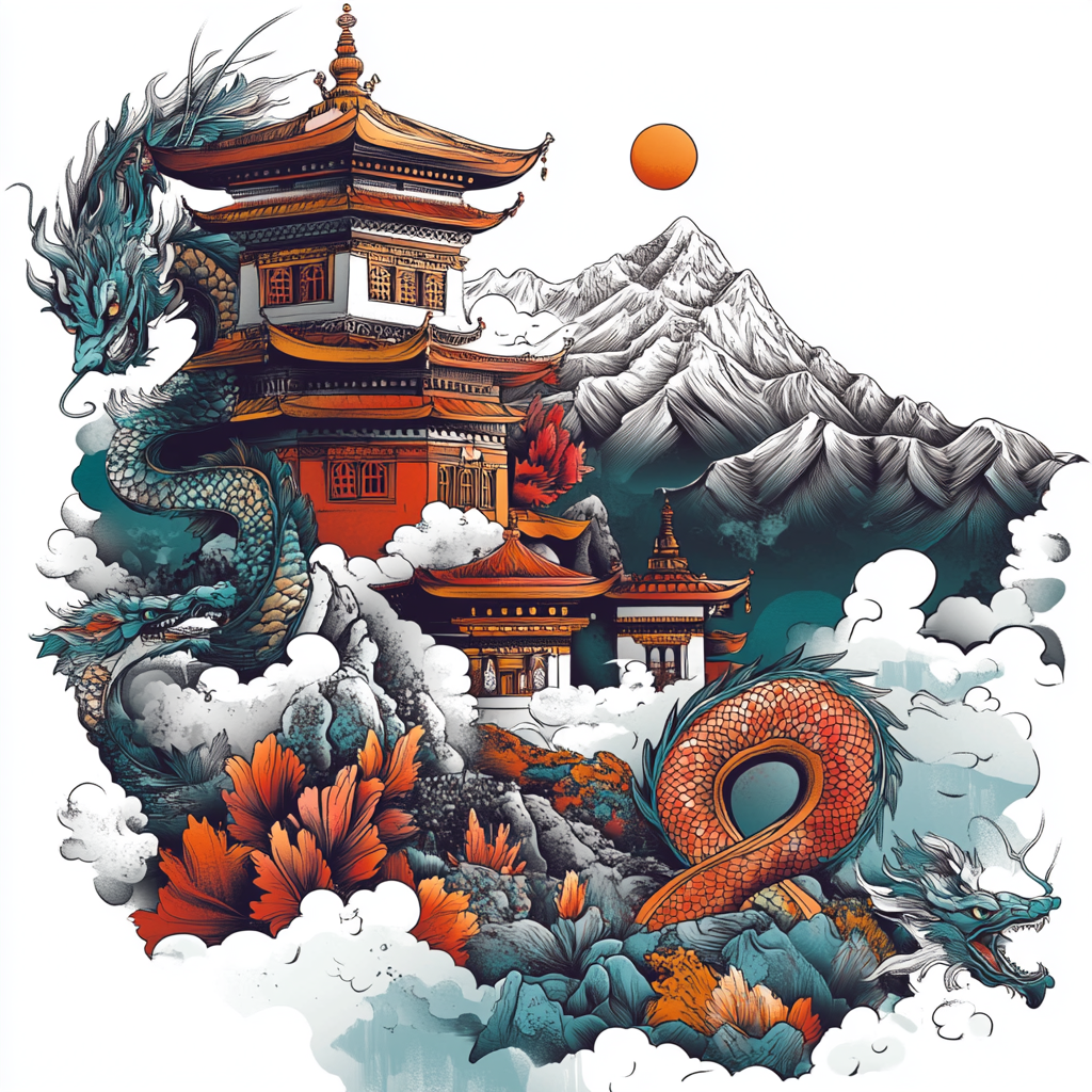 Bhutan T-Shirt Logo with Lucky Symbols and Dragon