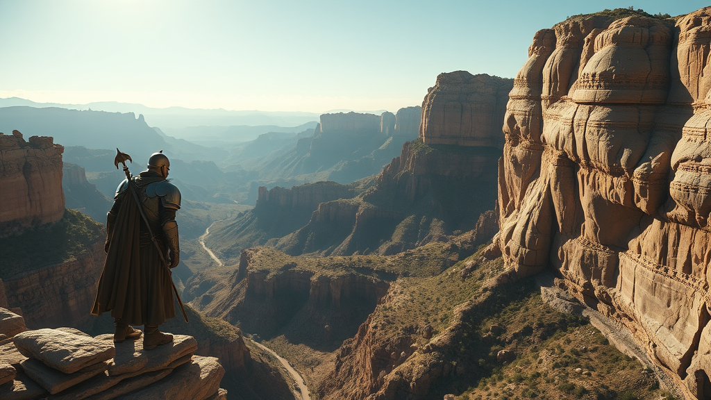Bible Warrior Overlooks Canyon from High Cliff