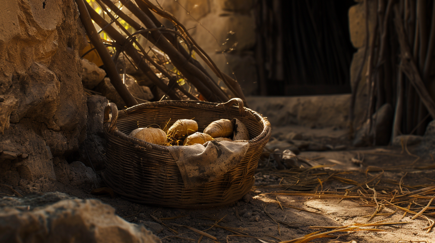 Biblical basket with fish and bread under cinematic lighting.