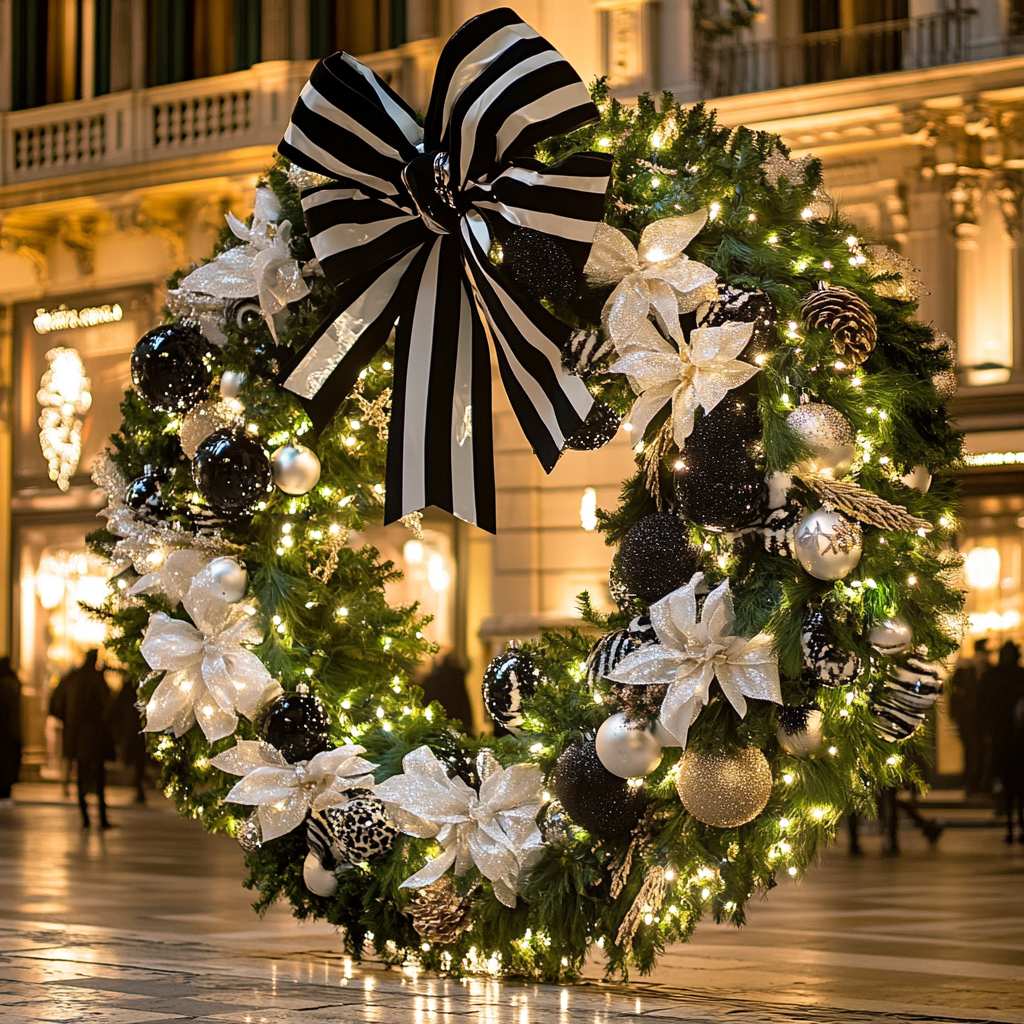 Big Christmas wreath with black and white decorations