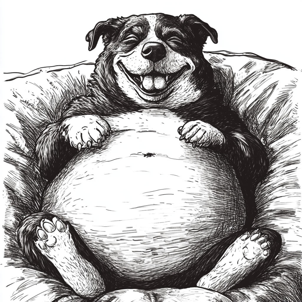 Big sleepy dog lying in bed, smiling