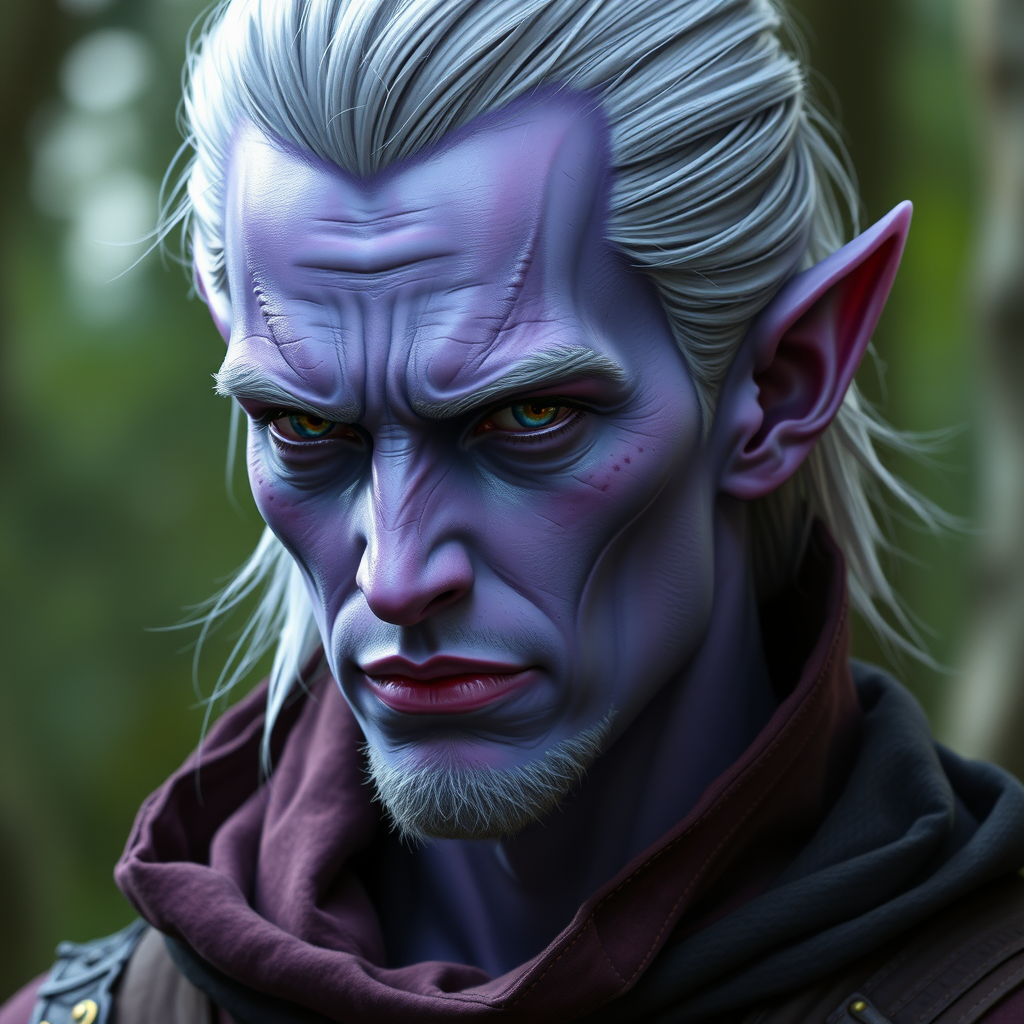 Bill Skarsgard as a Lean Purple Half-Elf Rogue