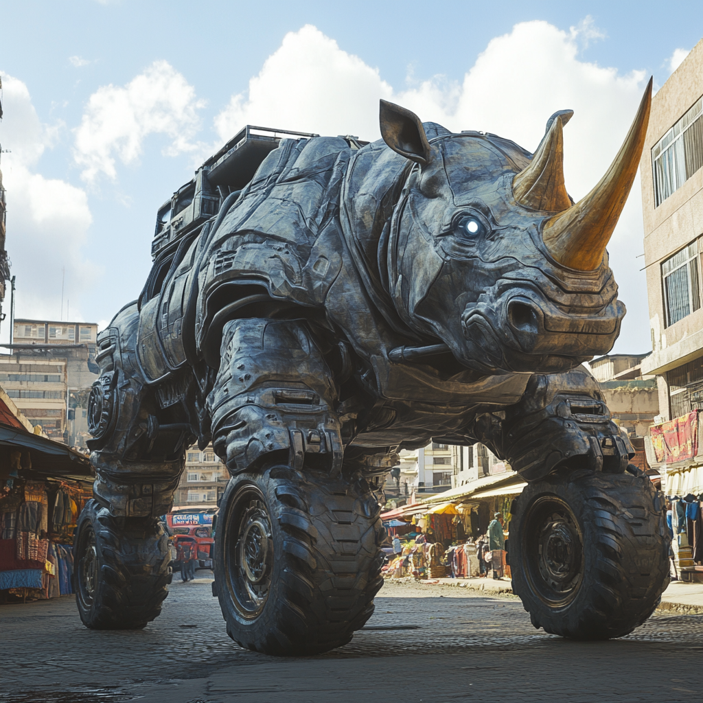 Bionic Rhino-Jeep Creature in Urban Nairobi Street