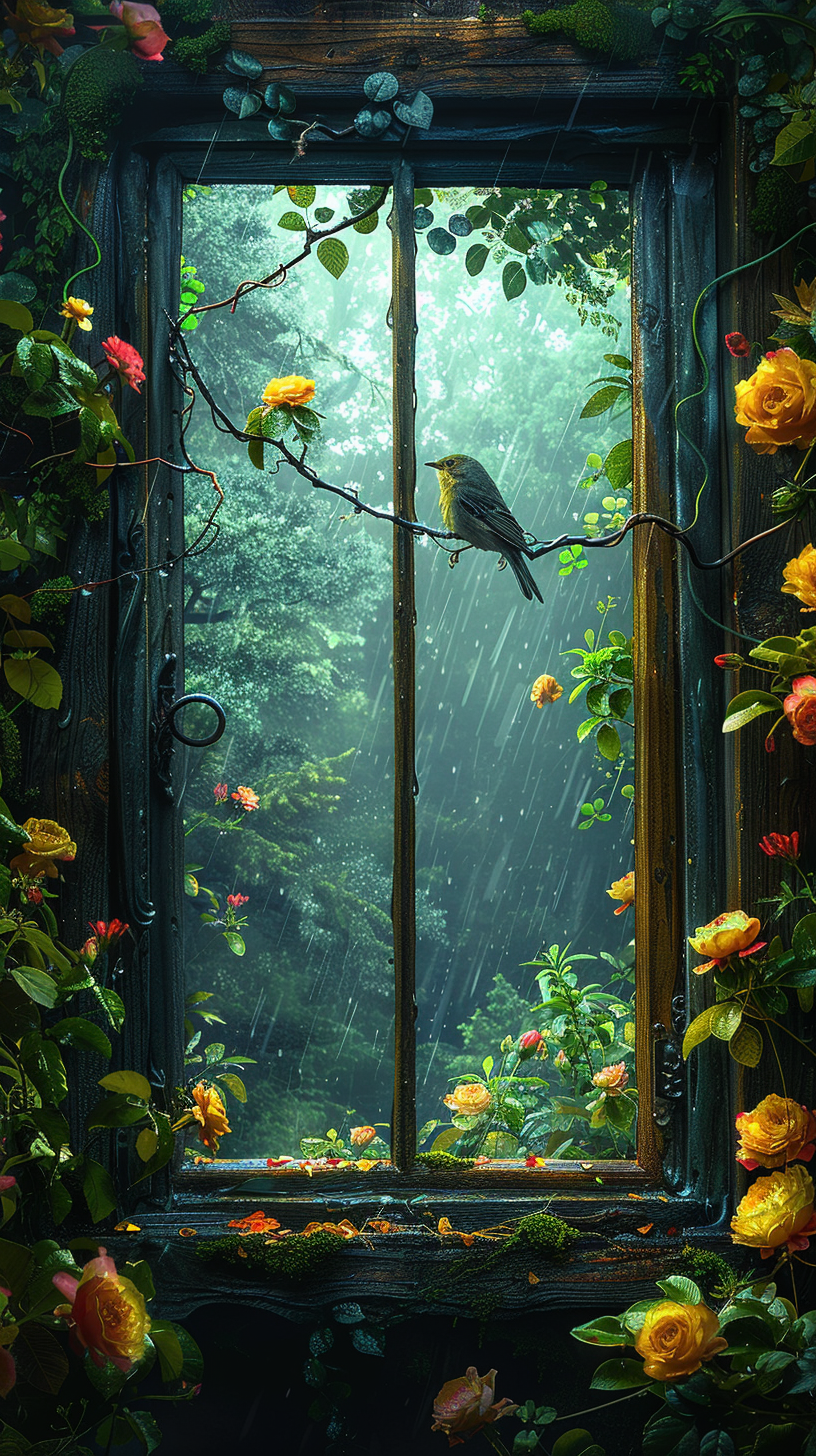 Bird on flower outside old window, raining jungle view.