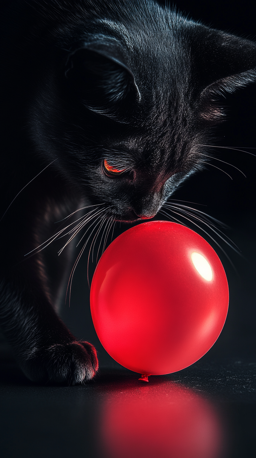 Black Cat Playing With Red Balloon In Dark Room