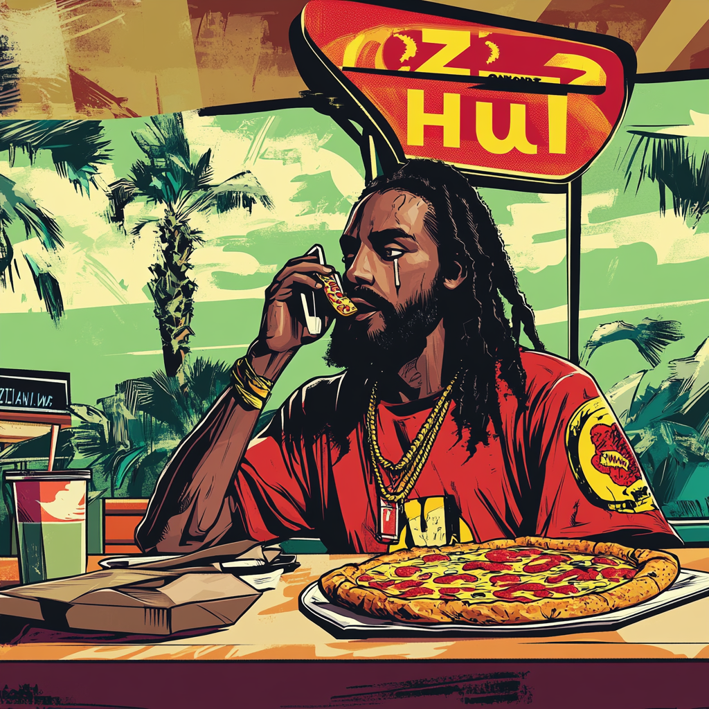 Black Jesus at Pizza Hut, enjoying a slice.