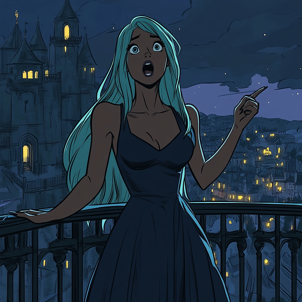 Black Princess in Blue Gown on Castle Balcony