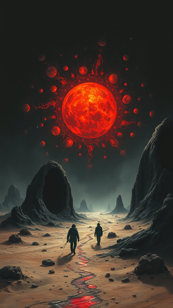 Black Sun Melts Desert in Abstract, Cosmic Horror.