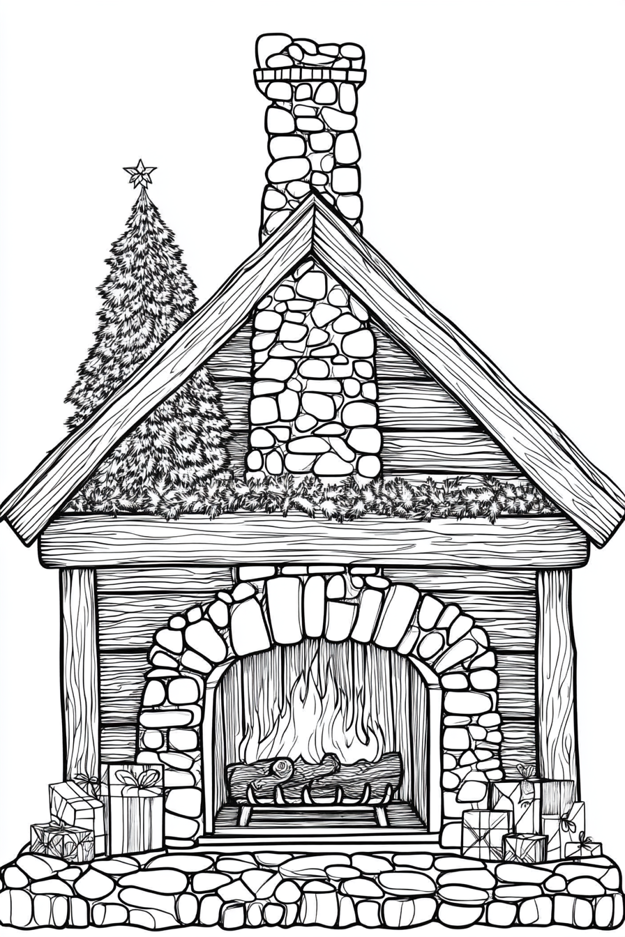 Black and White Christmas Cabin Fireplace Scene