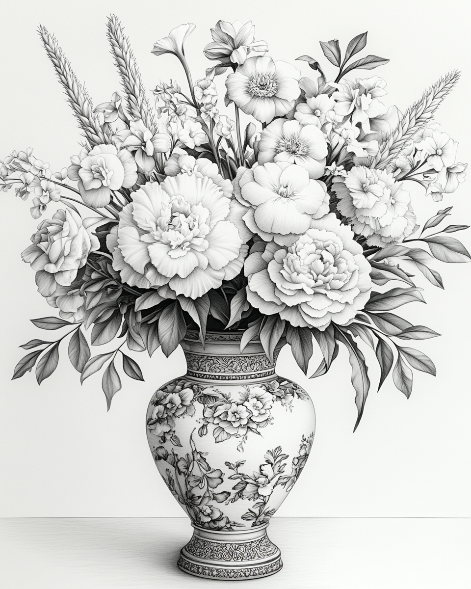 Black and white coloring page of flower arrangement