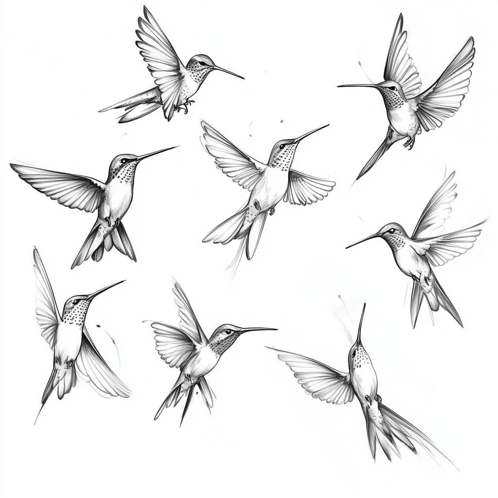 Black and white flying hummingbirds for tattoo design