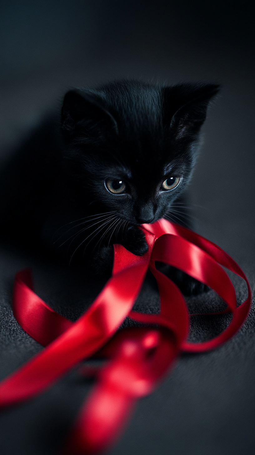 Black kittens playing with red ribbon in shadows