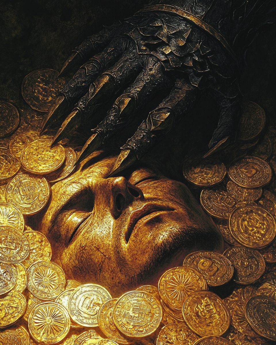 Black knight's clawed hand grips golden coins