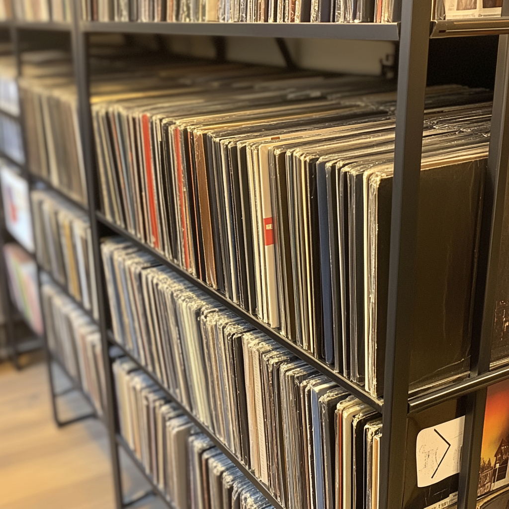 Black record covers on extended store rack from front