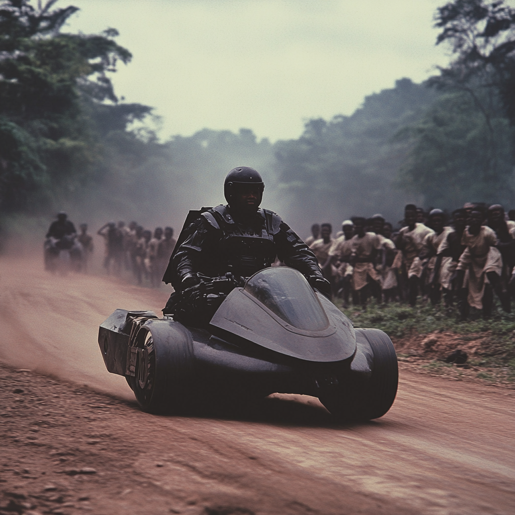 Black soldier on hover bike with colonial people