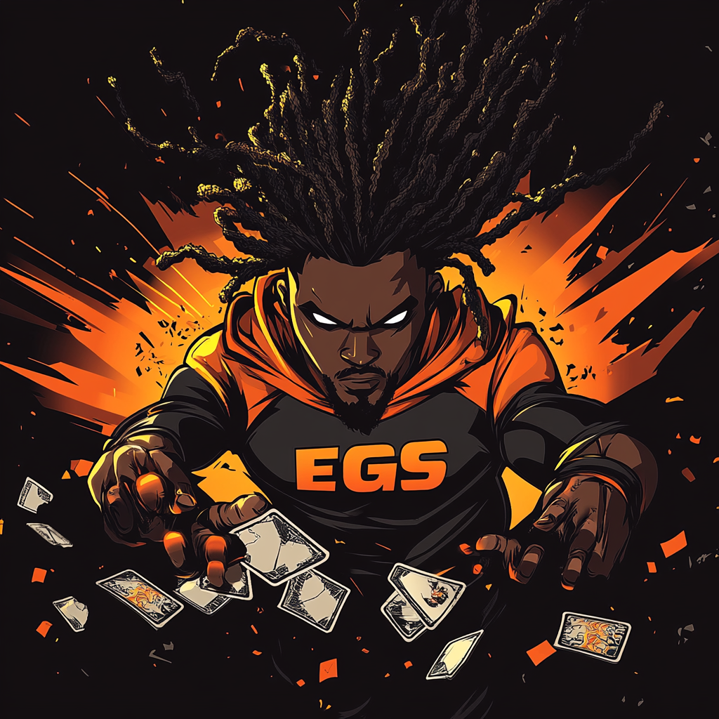 Black superhero with locs breaking sports trading cards power up.