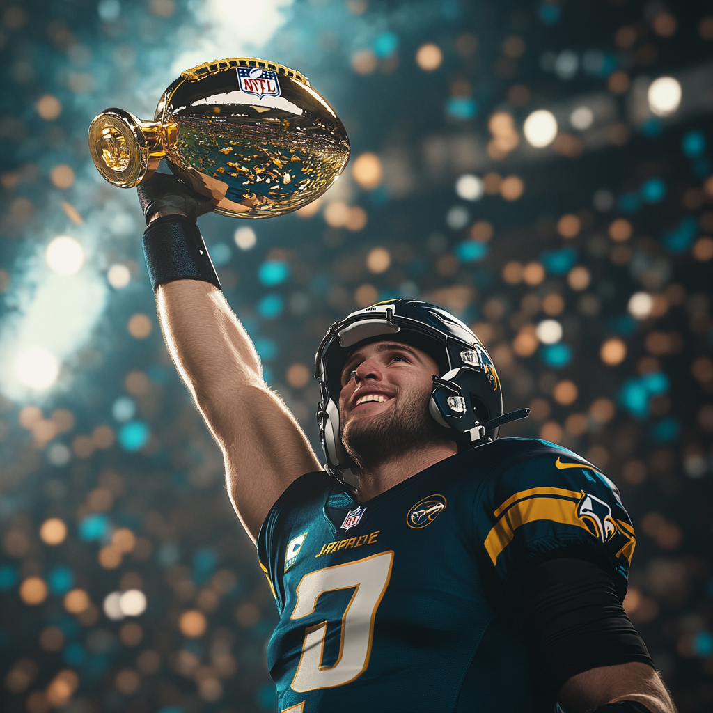 Blake Bortles holding trophy after winning super bowl