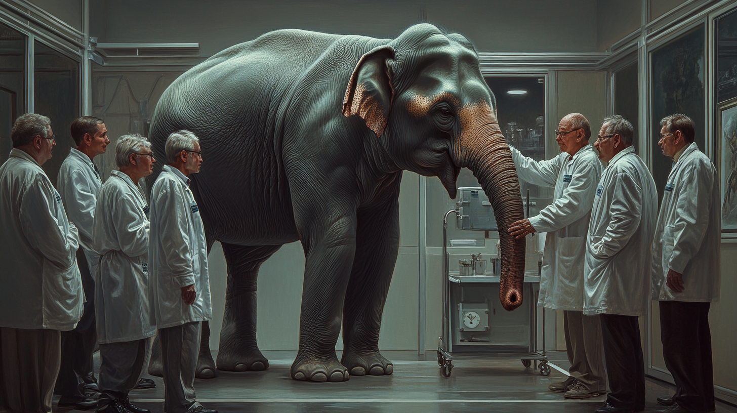 Blind Doctors Examining an Elephant in Lab