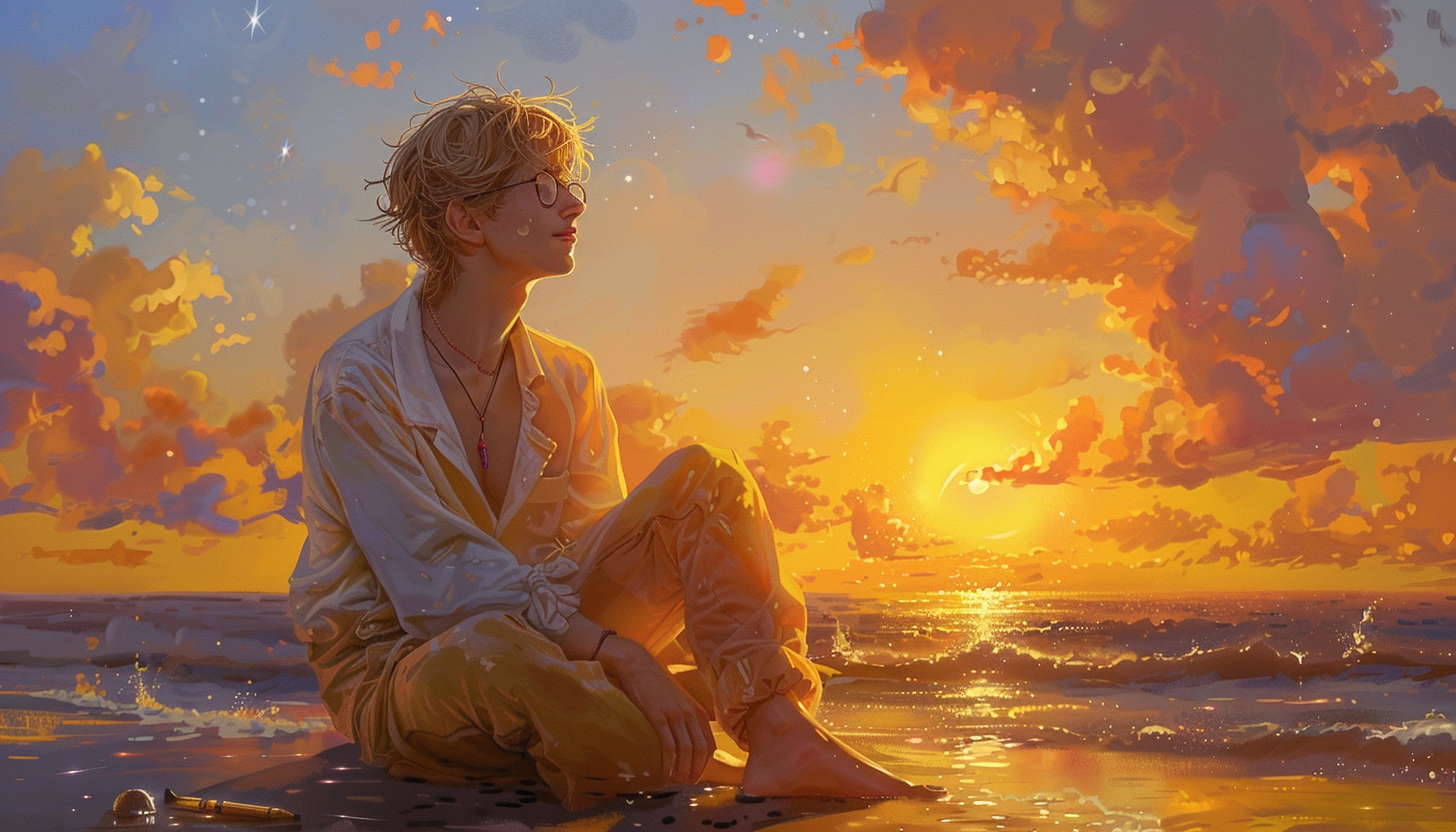 Blond Man Reflecting on Beach at Sunset, Ghibli Style