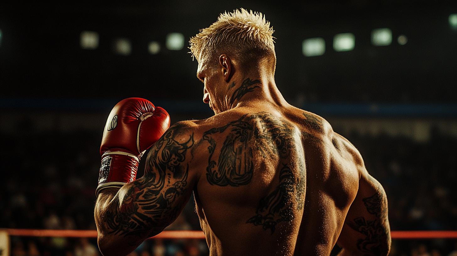 Blond boxer with tattoos wins fight in stadium