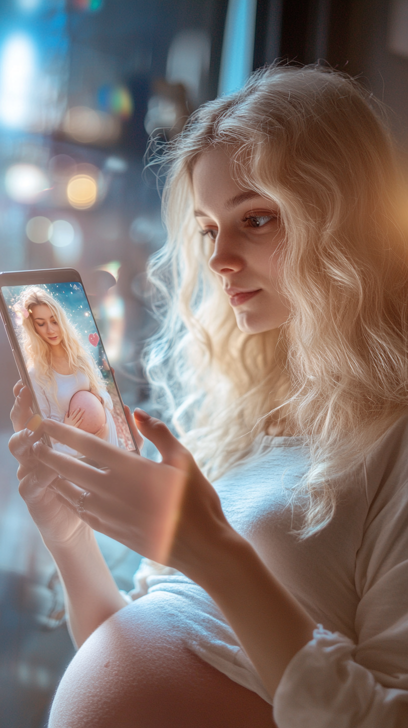 Blonde Italian woman, surprised by pregnancy filter on phone