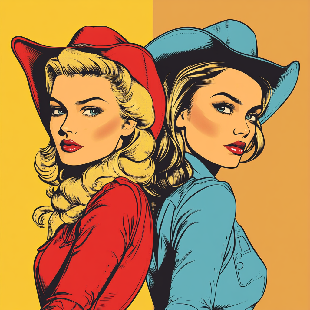 Blonde and brunette cowgirls in vintage comic style.