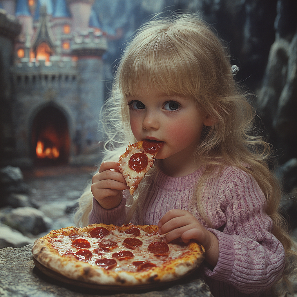 Blonde baby eating pizza in magical castle