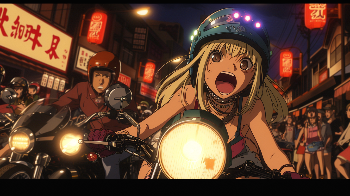 Blonde gal on bozosoku Yamaha motorcycle with LED decoration.