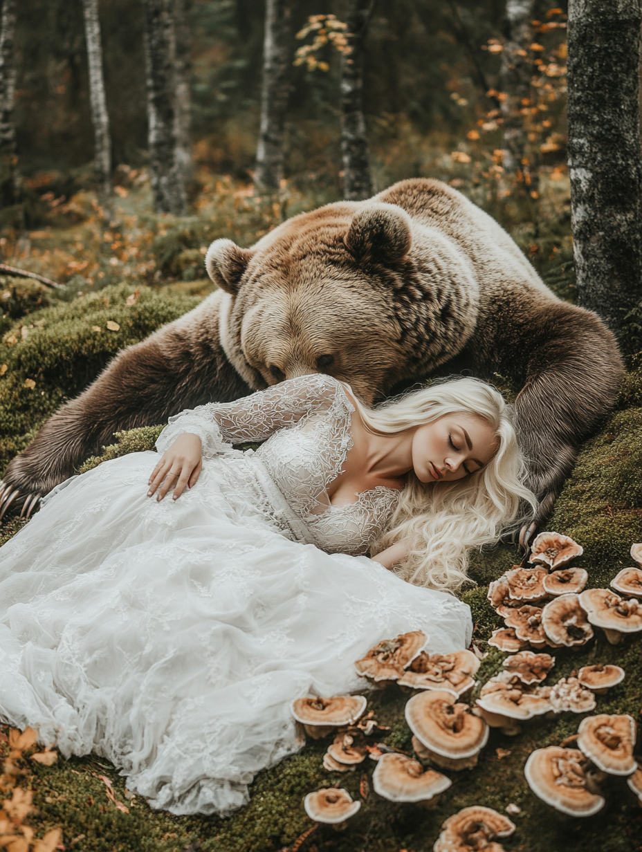 Blonde woman lying with giant bear in forest