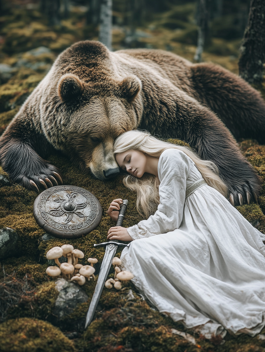 Blonde woman with bear in autumn forest