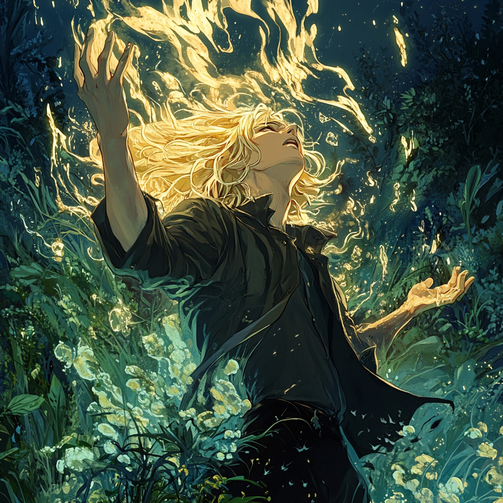 Blonde young man casting spell transforms falling