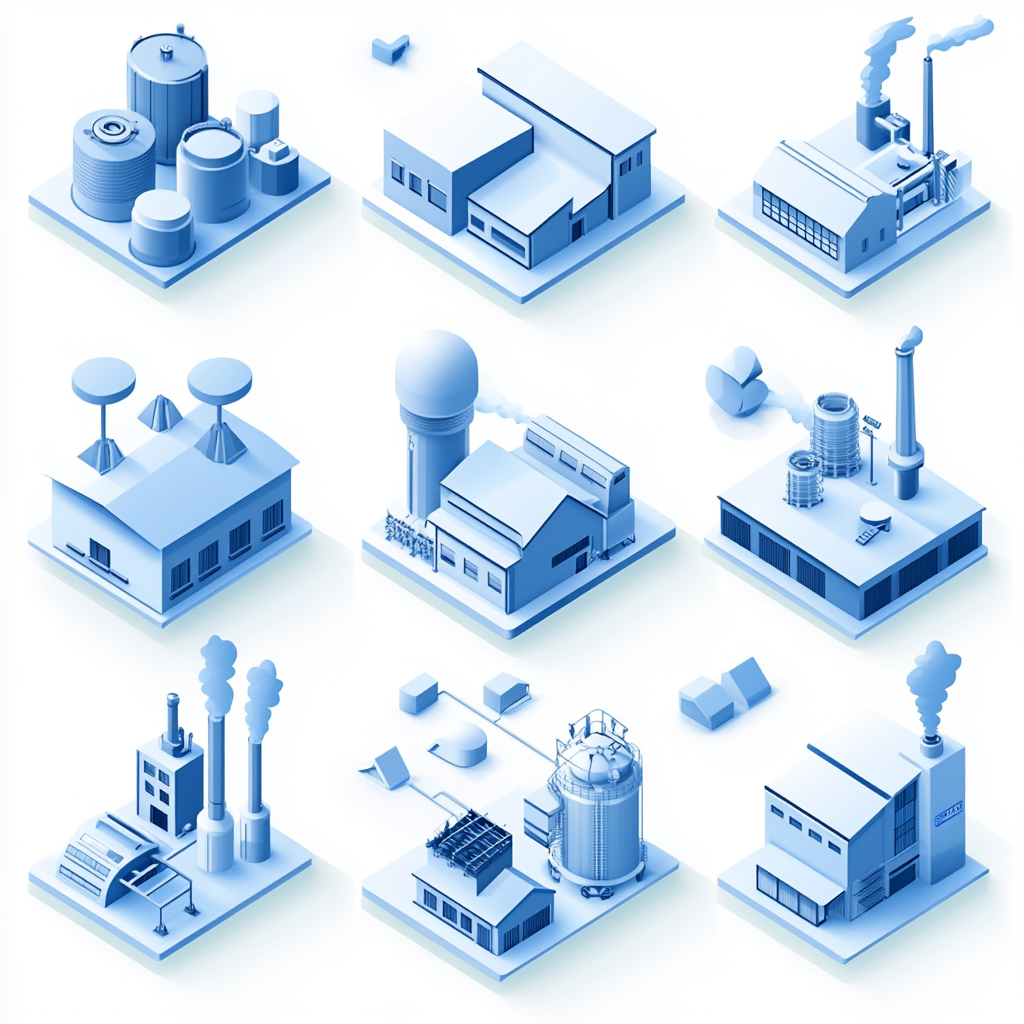 Blue 3D isometric illustrations of various business processes.