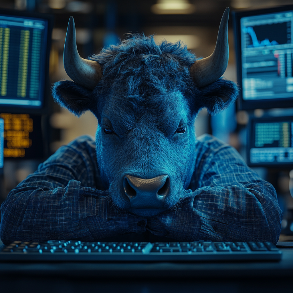 Blue Bull sad, trading stocks on computer. Sony Alpha.