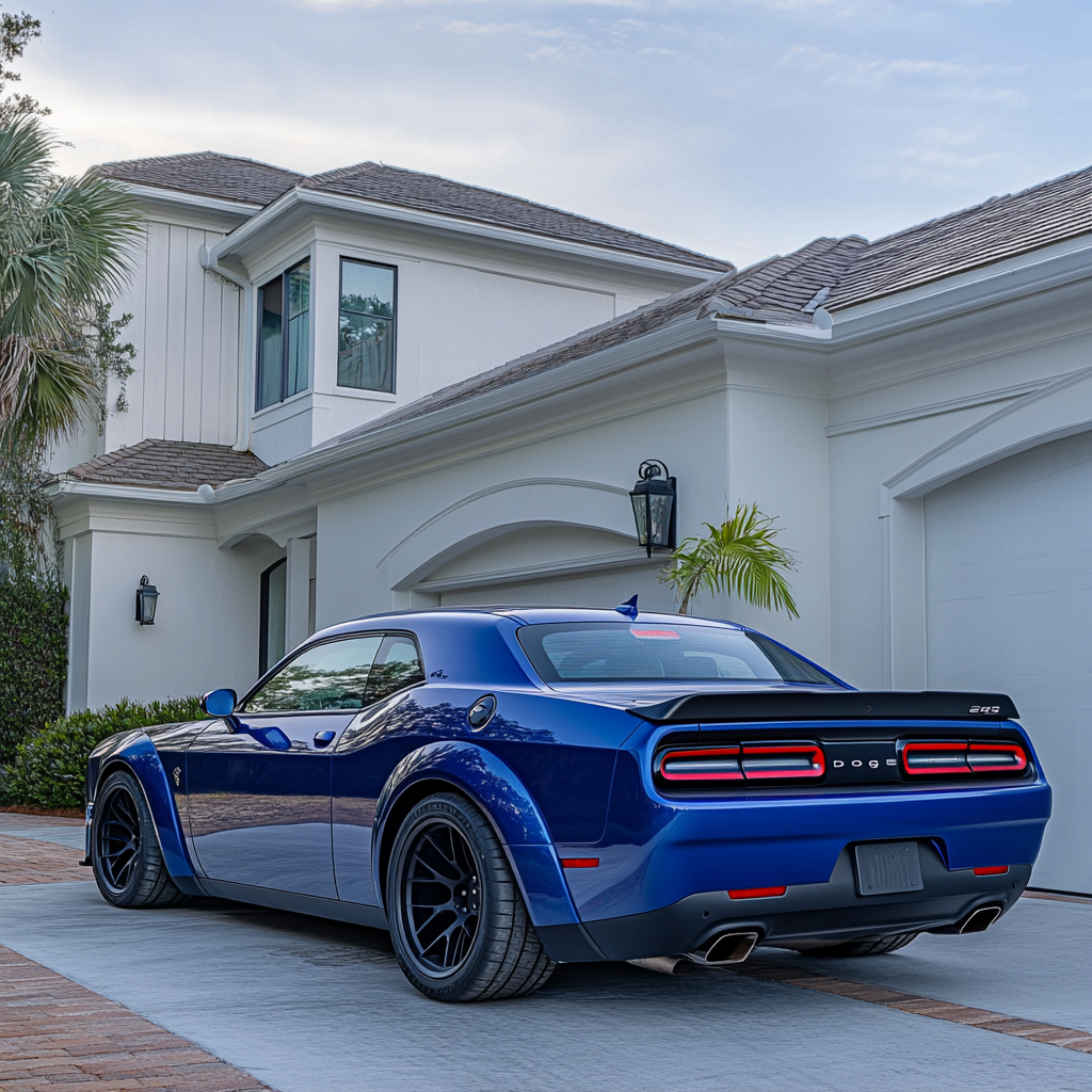 Blue Dodge Challenger Hellcat in affluent Pensacola Beach neighborhood.