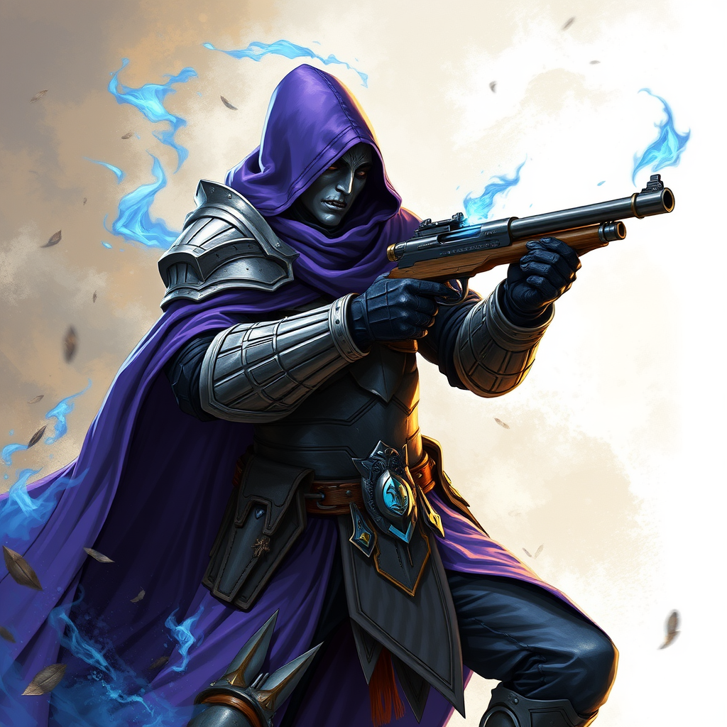 Blue Flame Genasi in Silver Armour with Blunderbuss