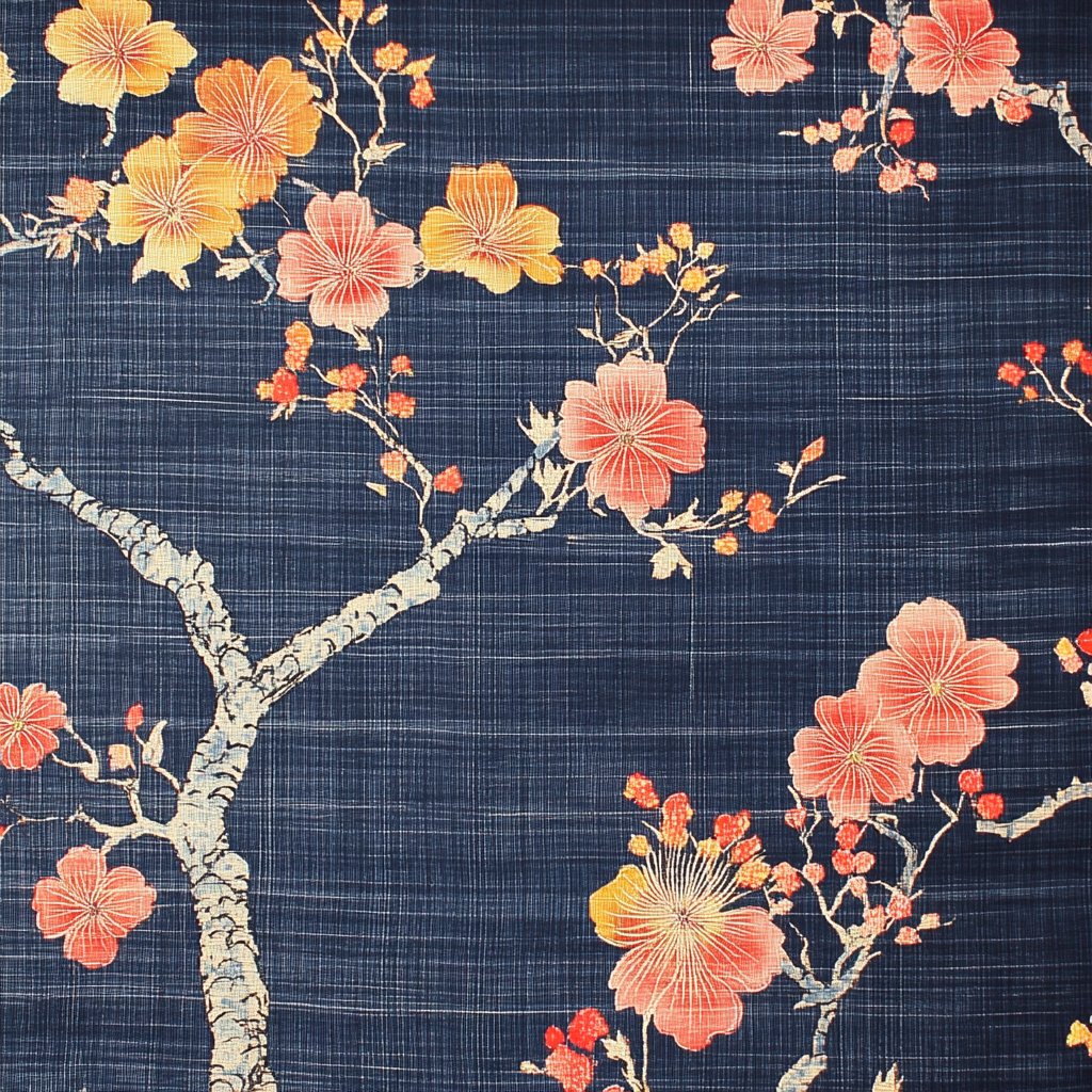 Blue Japanese pattern with vibrant accents on fabric.