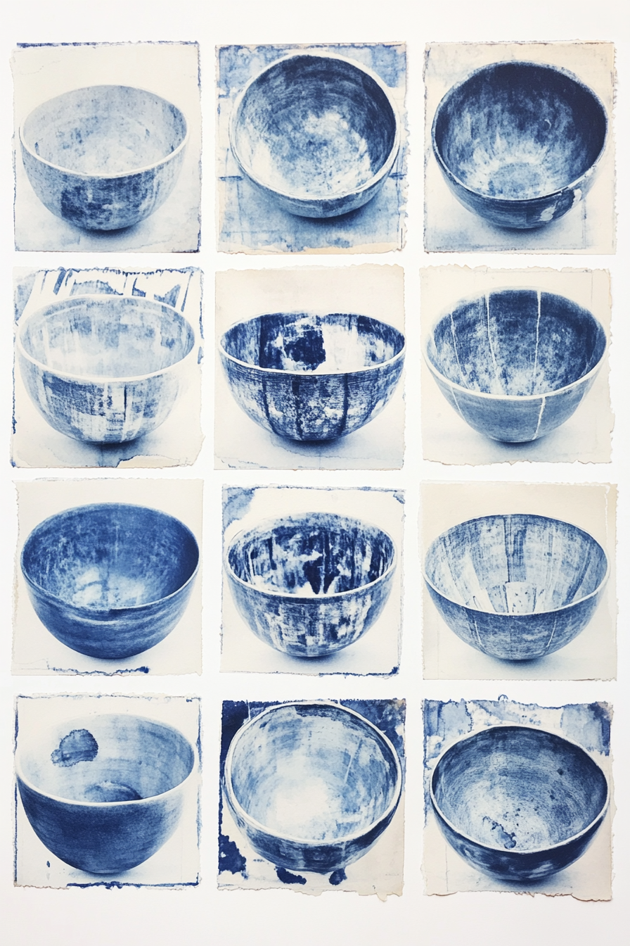 Blue and white bowls collage on watercolor grid