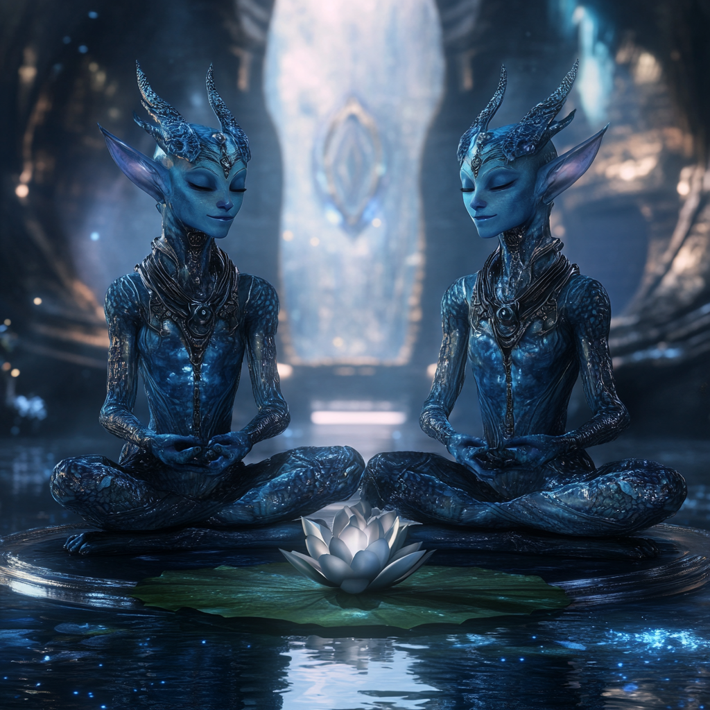 Blue elf aliens meditating in a spaceship