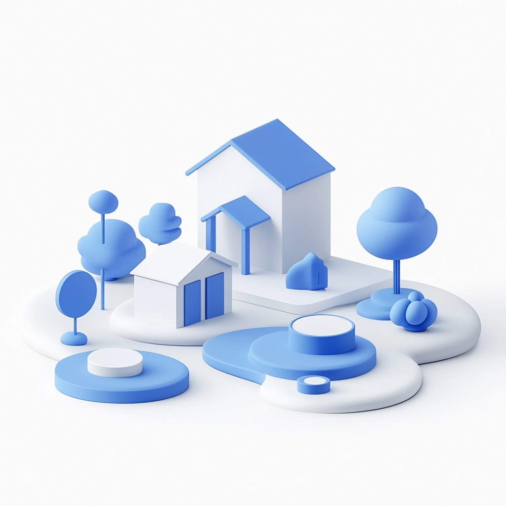 Blue houses and token coins in 3D