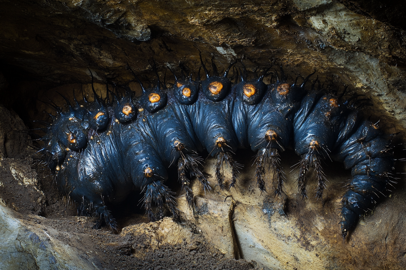 Blue monster with legs and eyes on cave roof.