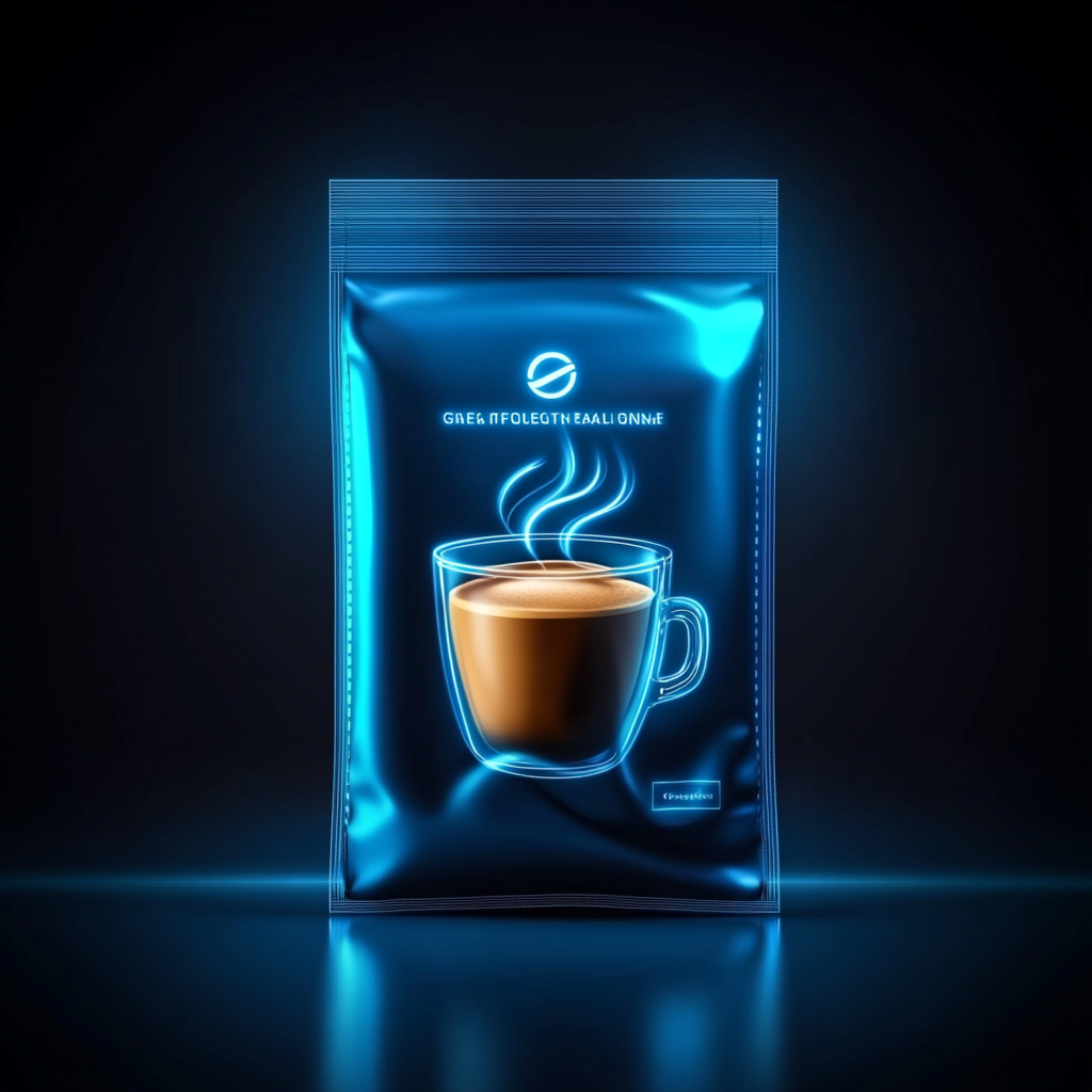 Blue neon coffee bag with latte cup design