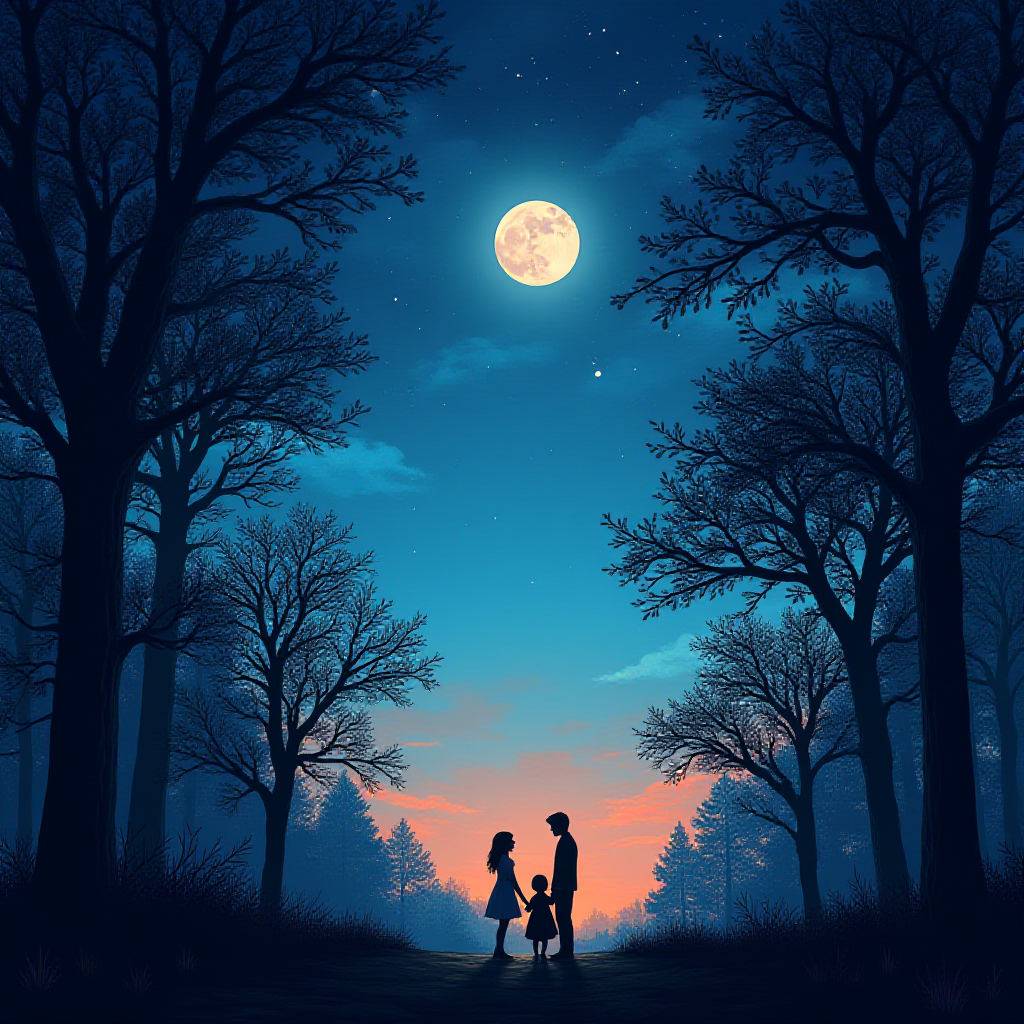 Blue sky with moon and trees, romantic style