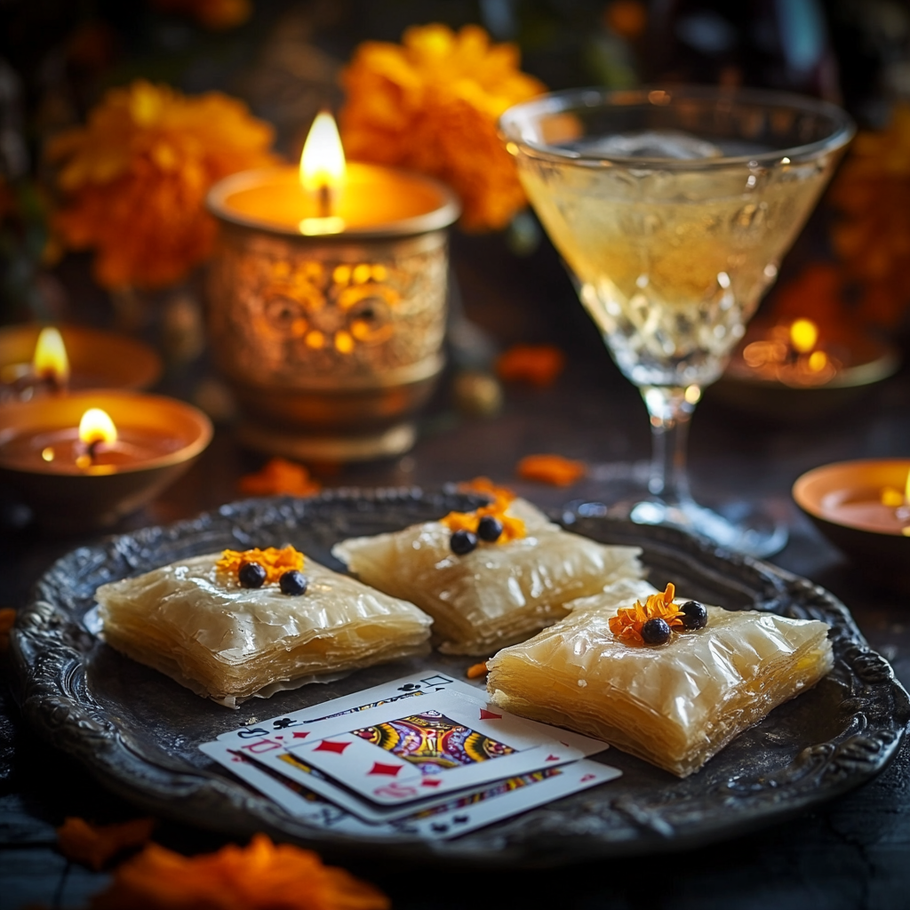 Blueberry baklava, gin and tonic in bright image