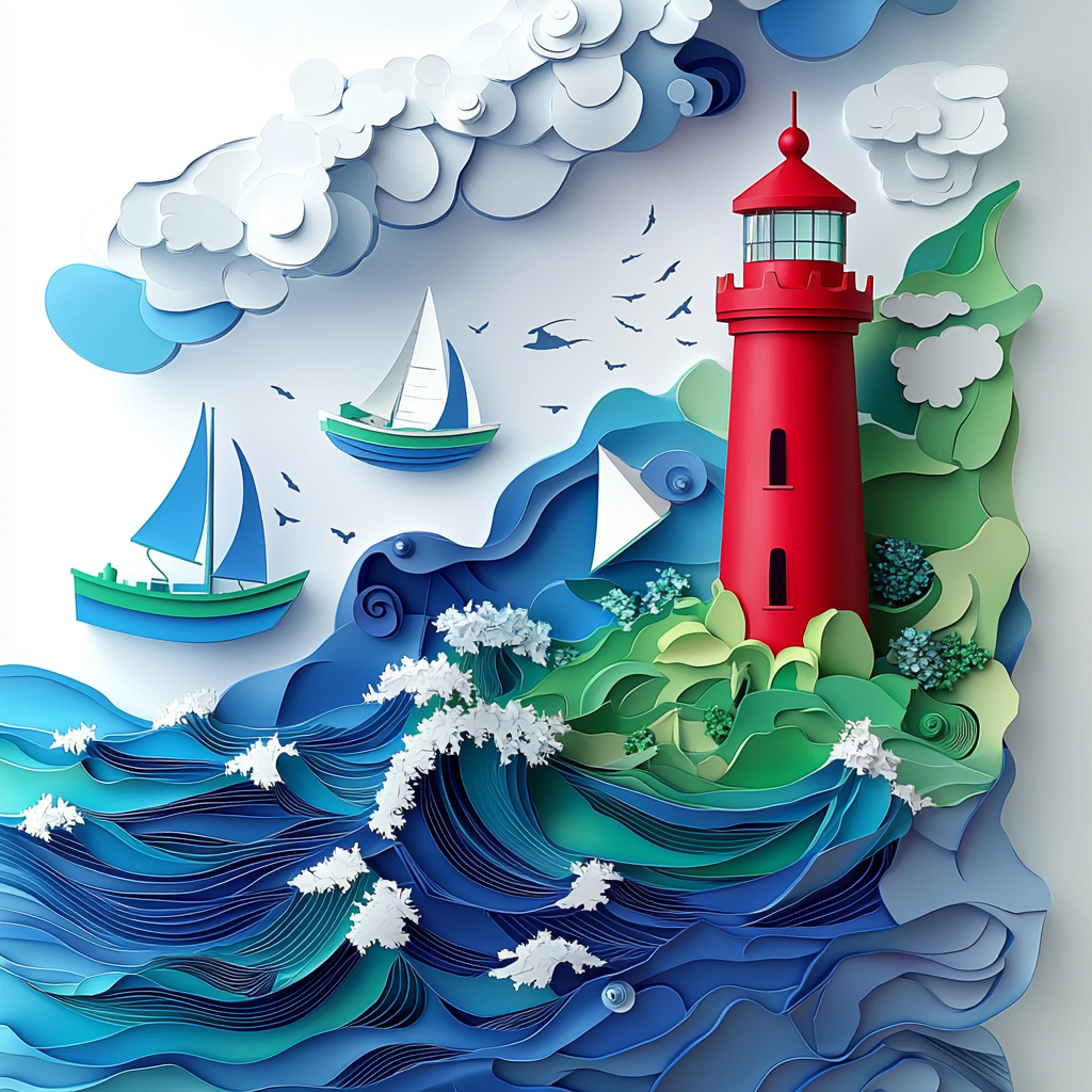 Boats and lighthouse in blue-green sea scene.