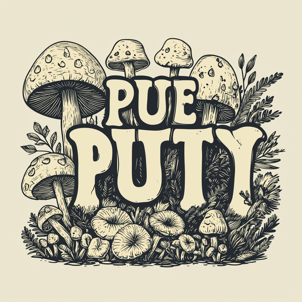 Bold, dynamic logo for 'PurePartyProducts' with artistic mushroom designs.