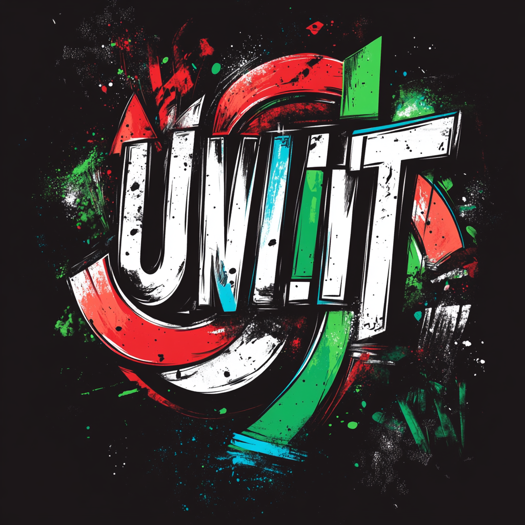 Bold, vibrant graffiti logo design with 'UNITY' in 90s style.