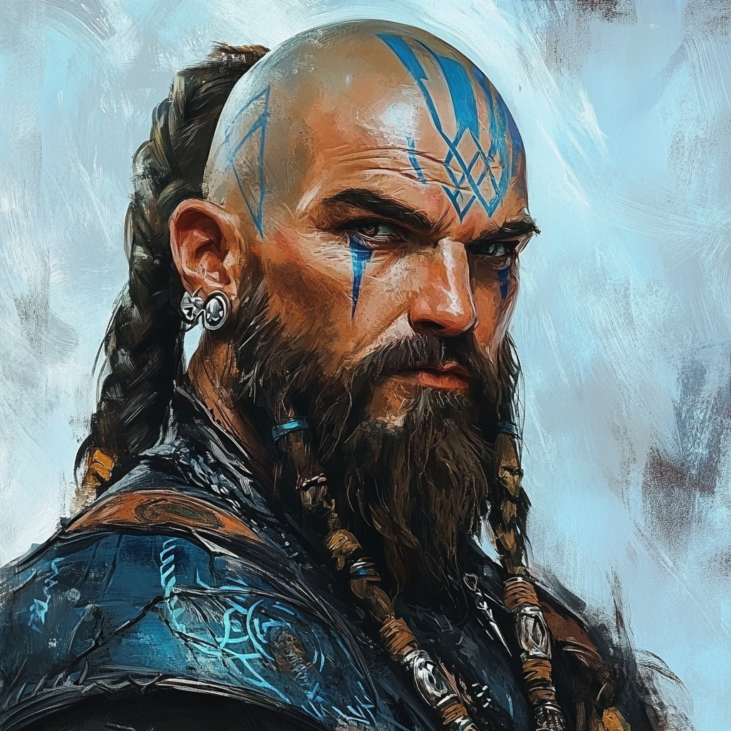 Bold Dwarf Bard with Blue Tattoos and Braided Beard