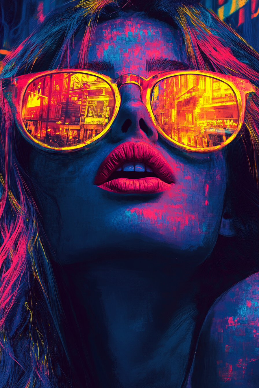 Bold Woman in Sunglasses Reflecting Neon Urban Chaos