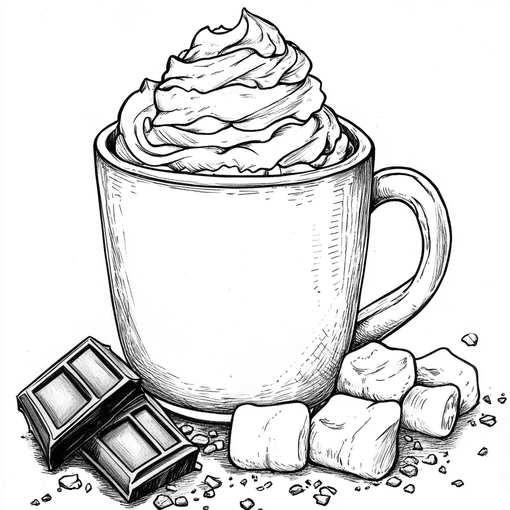 Bold outline hot chocolate coloring page with toppings